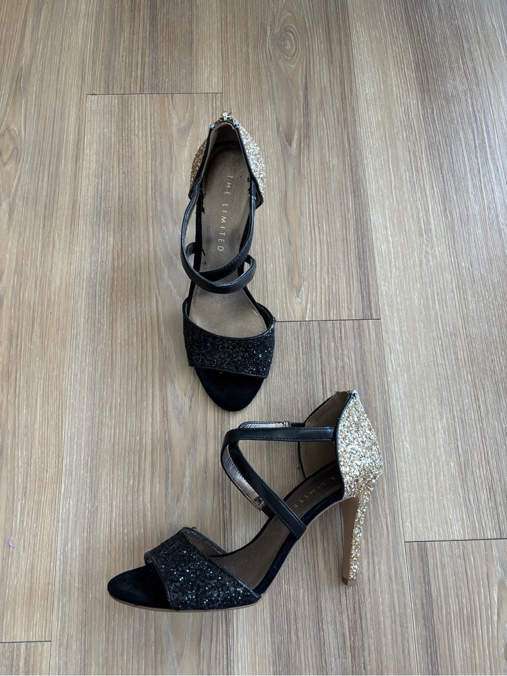 VTG The Limited Heels Glitter Black Gold Open Toe Strappy US 7.5 Formal Festive